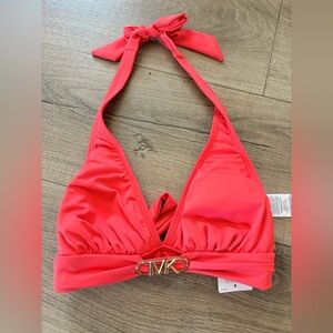 NWT: Michael Kors Coral-Red Halter Bikini Top with Gold MK Hardware: Size XS